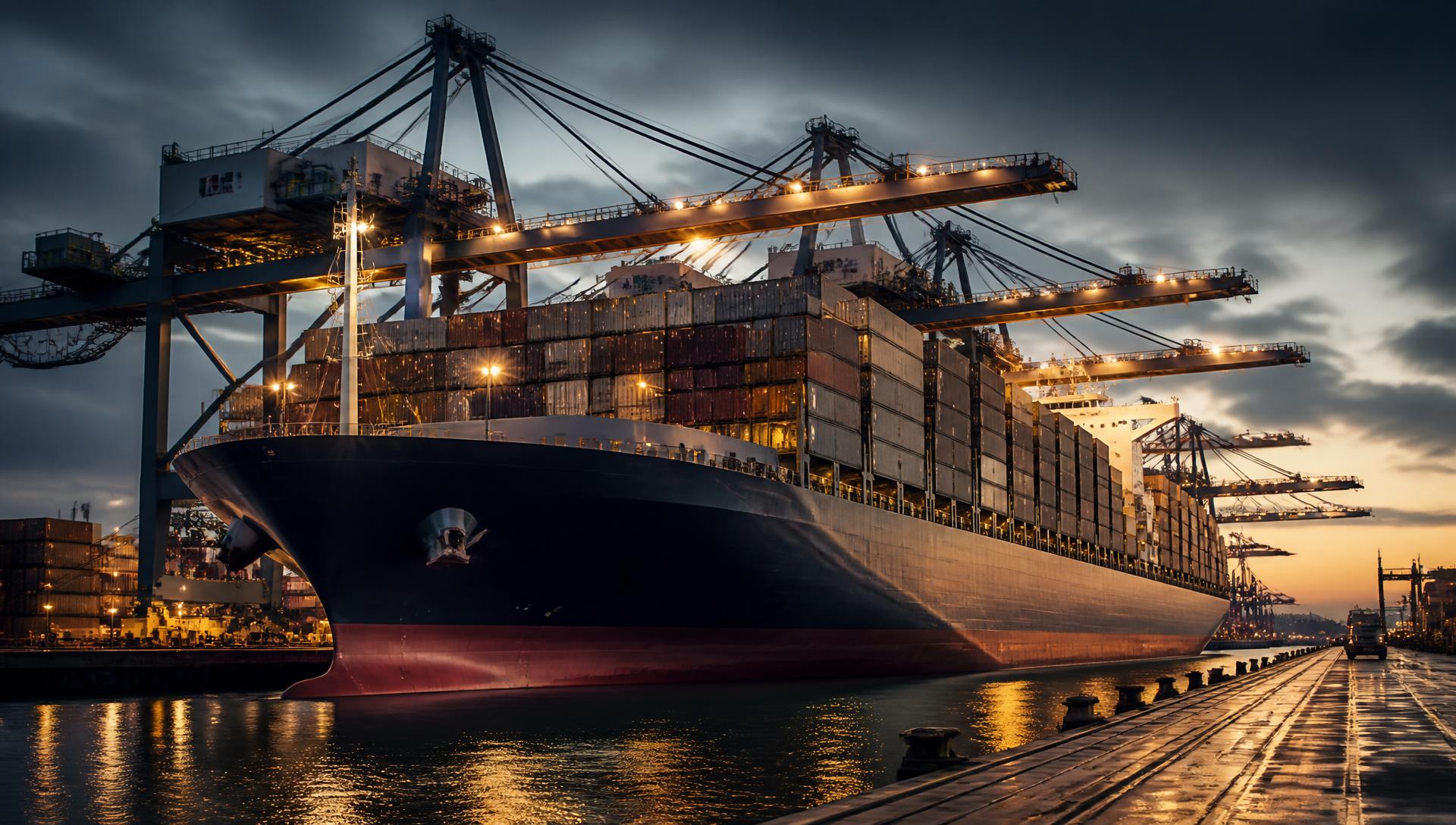 Container ship loading at a deep-sea terminal at dusk