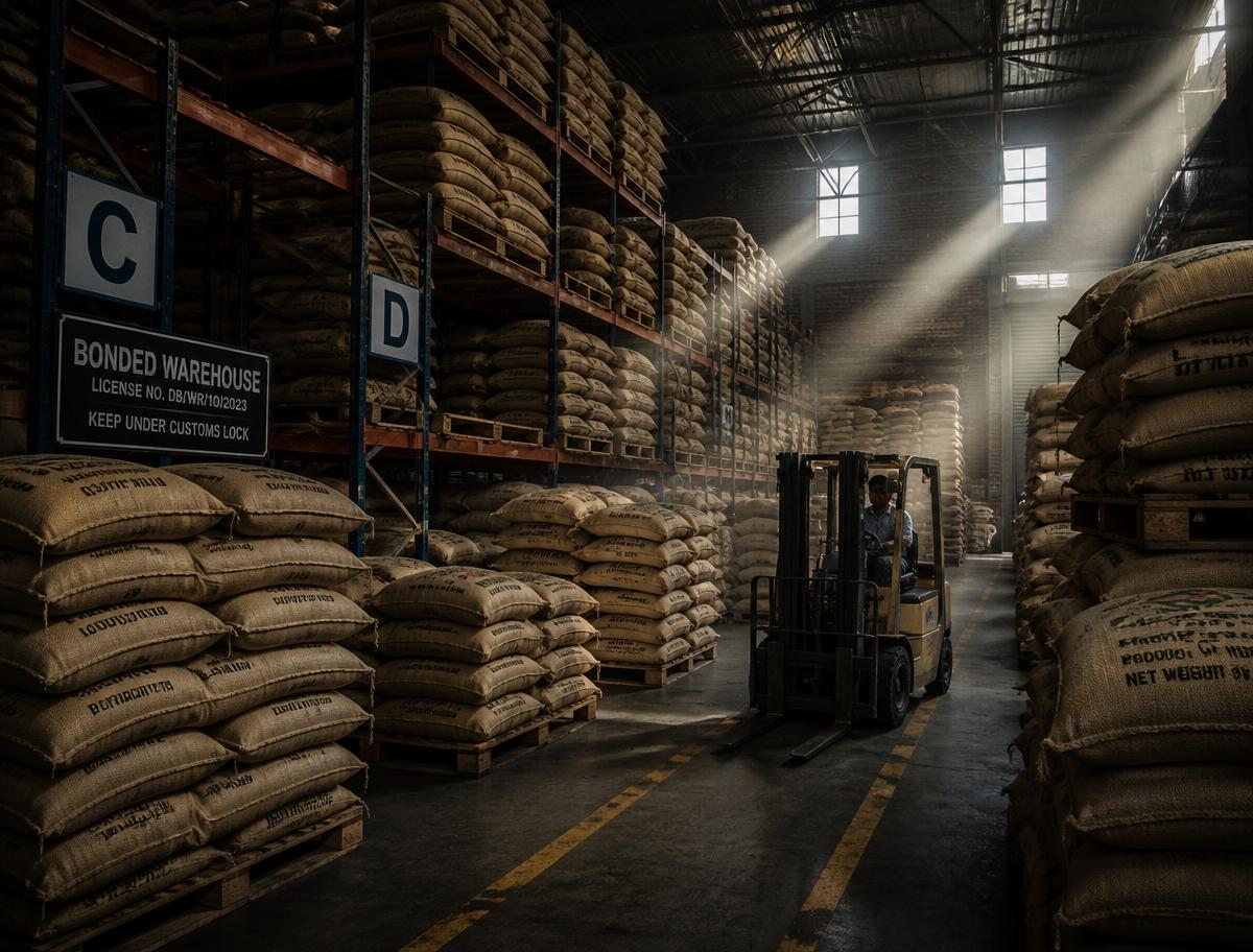 Bonded warehouse stacked with jute coffee bags on pallets
